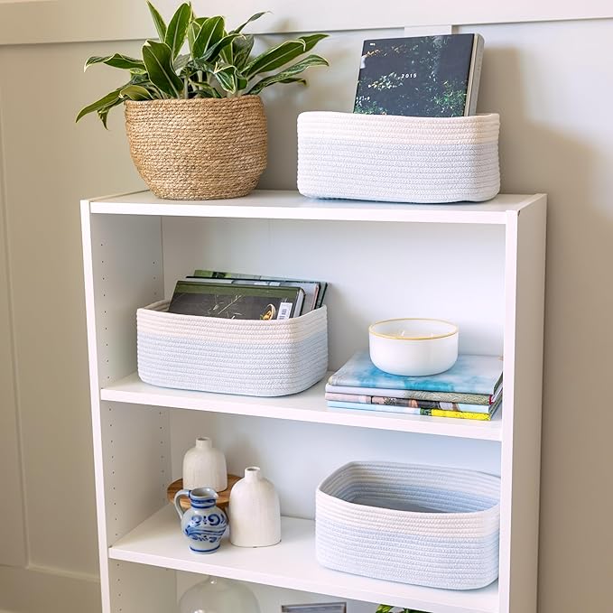NaturalCozy 13.5”x8.5”x5.5” Rectangle Storage Baskets for Shelves 3 Pack | Cotton Rope Woven Small Baskets for Organizing | Small Storage Bins for Nursery, Bathroom, Closet, Shelf, Decorative-Ruum Studio Home