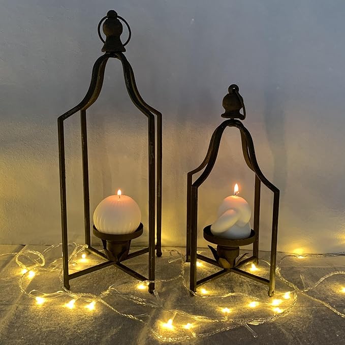 Large Tall Shabby Chic Lanterns Decorative Indoor Outdoor, Outside Gifts Front Porch Patio Vintage Metal Candle Holders, Fireplace Table Floor Farmhouse Rustic Decor Set of 2-Ruum Studio Home