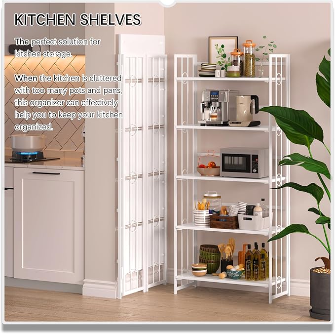 4NM No Assembly 5 Tiers Folding Bookshelf, 59.4" H Foldable Storage Shelves Vintage Bookcase Standing Racks Study Organizer Home Office - All White-Ruum Studio Home