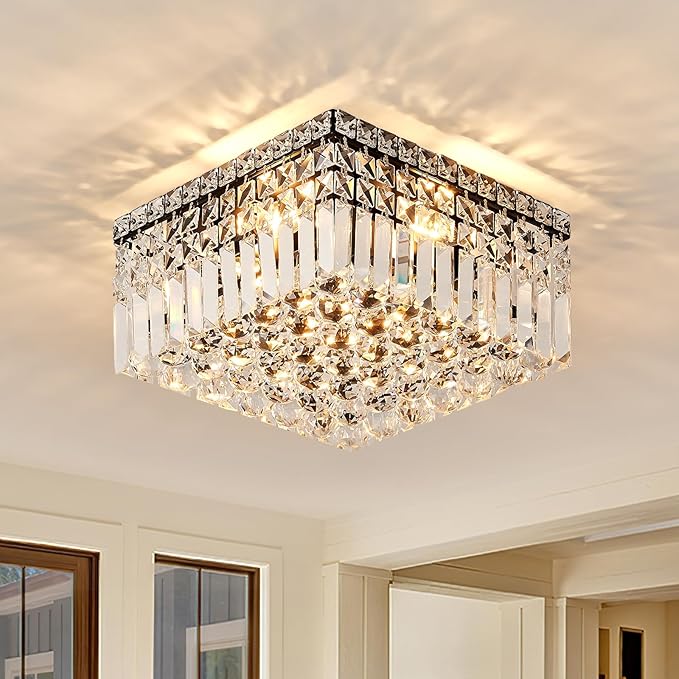 4-Light Black Crystal Chandeliers Flush Mount Chandelier Light Fixture with K9 Crystals Modern Ceiling Lights Elegant Square Lamp for Bedroom,Hallway,Bar,Living Room,Dining Room,H5.9 xW13.7-Ruum Studio Home