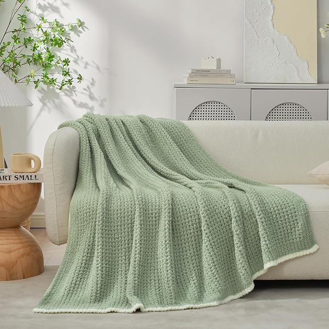Snuggle Sac Ultra Soft Waffle Throw Blanket for Couch Bed Sofa 50x60 inches, Reversible Sage Green Blanket Microfiber Fluffy Fuzzy Cozy Knit Throws for Women Mothers Birthday Gifts-Ruum Studio Home