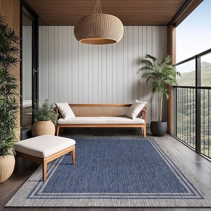 Bordered Outdoor Rug 5x7 Washable Outside Carpet for Indoor Patio Porch Waterproof Easy Cleaning Non Shedding Area Rugs Navy 5 x 7-Ruum Studio Home