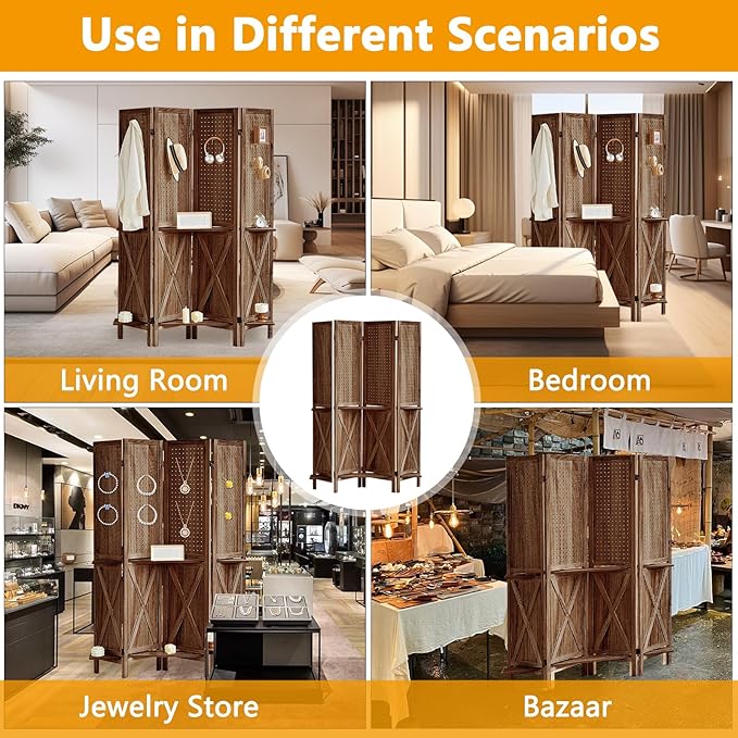 4 Panel Pegboard Display with 16 Hooks, Wooden Pegboard Room Divider Wall with Shelf, Rustic Room Dividers and Folding Privacy Screens, Bedroom, Jewelry Store, Brown-Ruum Studio Home