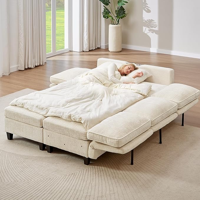110" Modular Sectional Sofa, Convertible Sleeper Sofa Couch Bed with Adjustable Backrest, U-Shaped Chenille Cloud Couch with Ottoman Storage, Deep Seat Couches for Living Room,Beige-Ruum Studio Home