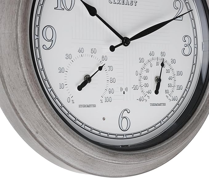 CLXEAST 18 Inch Farmhouse Illuminated Outdoor Atomic Wall Clock with Thermometer & Hygrometer Combo, Night Lighted Wall Clock with Smart Sensor, Weather Stations,Brushed Grey Oak Finish-Ruum Studio Home