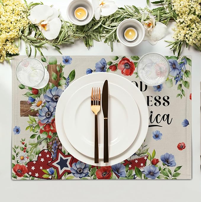 4th of July Placemats Set of 4 Patriotic Floral Cross Stars Independence Memorial Day Place Mats 12x18 Inch God Bless America Linen Fabric Table Mats for Party Kitchen Dining Decoration-Ruum Studio Home