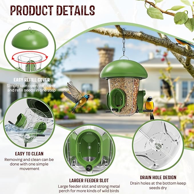 LONA Bird Feeders for Outdoors Hanging – 3 Separate Compartments, 3 Feeding Ports, Weatherproof Dome & 3 Ways to Hang, Large Capacity for Cardinals/Finches (Green-Ruum Studio Home