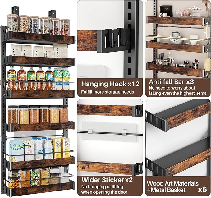 6 Tier Over The Door Pantry Organizer, 2 IN 1 Wall Mount or Metal Hanging Spice Rack for Pantry Organizers and Storage, Seasoning Shelves，Adjustable Basket with Hooks for Kitchen, Bathroom,Laundry-Ruum Studio Home