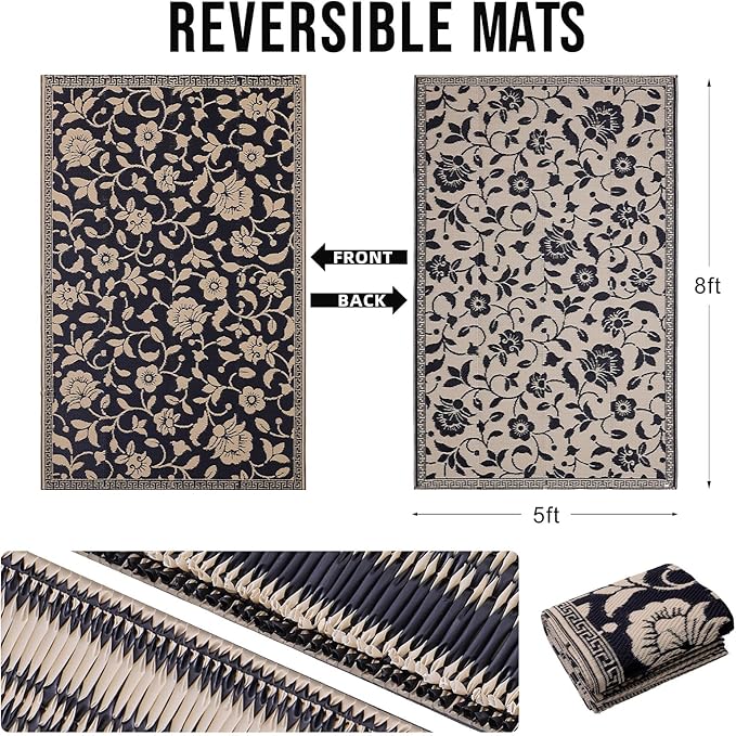 OLANLY Waterproof Outdoor Rug 5x8 ft, Outdoor Plastic Straw Rug with Flower Pattern, Reversible RV Mat for Patio, Camping, Balcony, Deck, Backyard, Black & Beige-Ruum Studio Home