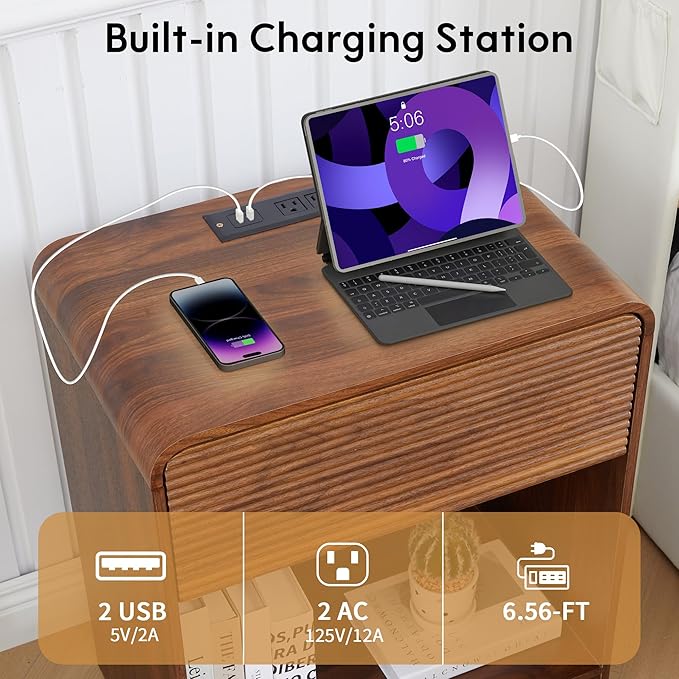 Fluted Nightstand with Charging Station, Mid Century Modern Bed Side Table End Table with Drawer Storage, Large Wooden Night Stands Bedside for Bedroom Living Room Sofa Office, Walnut-Ruum Studio Home