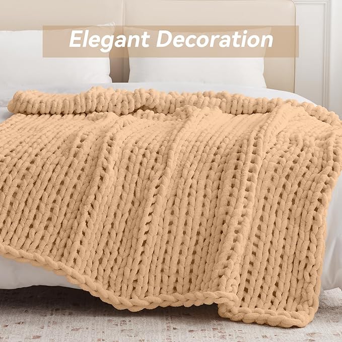 Chunky Knit Throw Blanket, 50''*60'' Knitted Throw Chenille Yarn for Bed Couch, Handmade Beige Crochet Big Thick Blanket, Machine Washable Cute Comfy Blanket for Home Decor-Ruum Studio Home