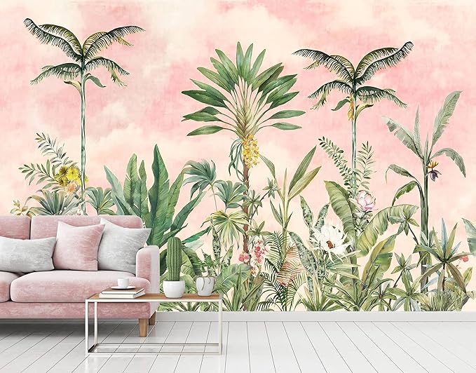 Watercolor Pink Tropical Botanical Leaf Wallpaper Mural for Nursery Girls Bedroom (Not Peel and Stick)-Ruum Studio Home