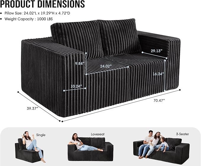 Modular Sectional Sofa 2 Seater Loveseat Modular Couch with Deep Seat Memory Foam Cloud Chair with Pillows Oversized Sectional Sofa for Living Room Bedroom (Strip Grey, Loveseat)-Ruum Studio Home