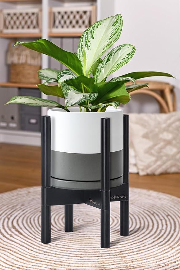 D'vine Dev Ceramic Planter with Ebony Stand - 8 Inch Modern Round Flower Pot with Wood Planter Holder, White/Grey, 55-B-M-6-Ruum Studio Home