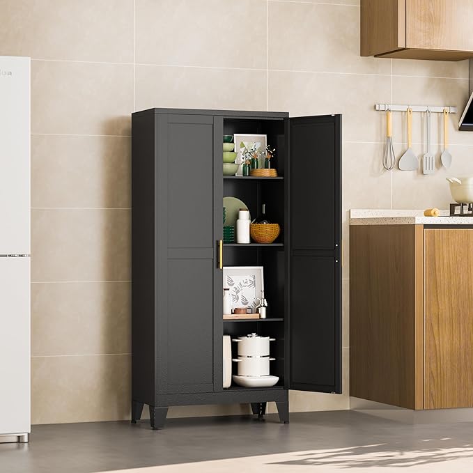 Black Metal Storage Cabinet, 48" Steel Cabinets for Home Office, Kitchen Pantry Storage Cabinet with Doors and 3 Adjustable Shelves, for Office, Home, Garage, School-Ruum Studio Home