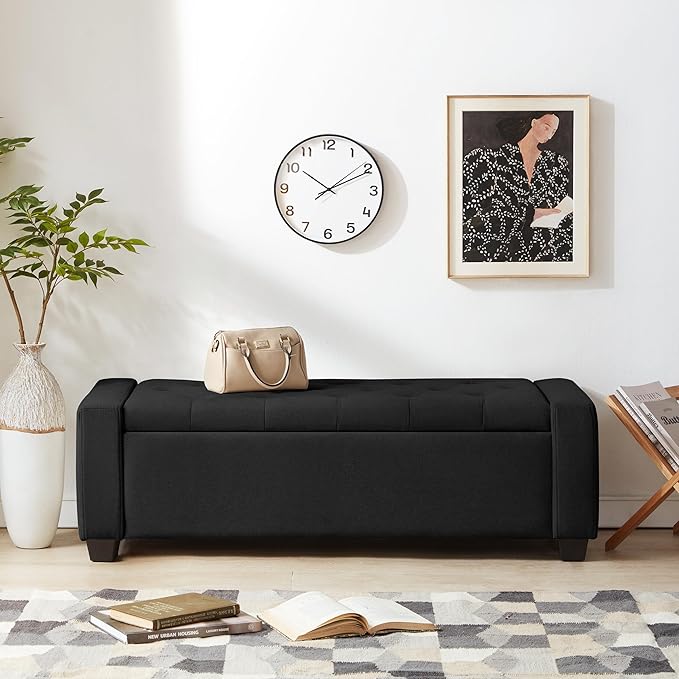 48" Ottoman with Storage, Black Storage Ottoman Bench with Safety Hinge, Upholstered Entryway Bench with Seating for Bedroom, Living Room, Holds up to 330 lb-Ruum Studio Home