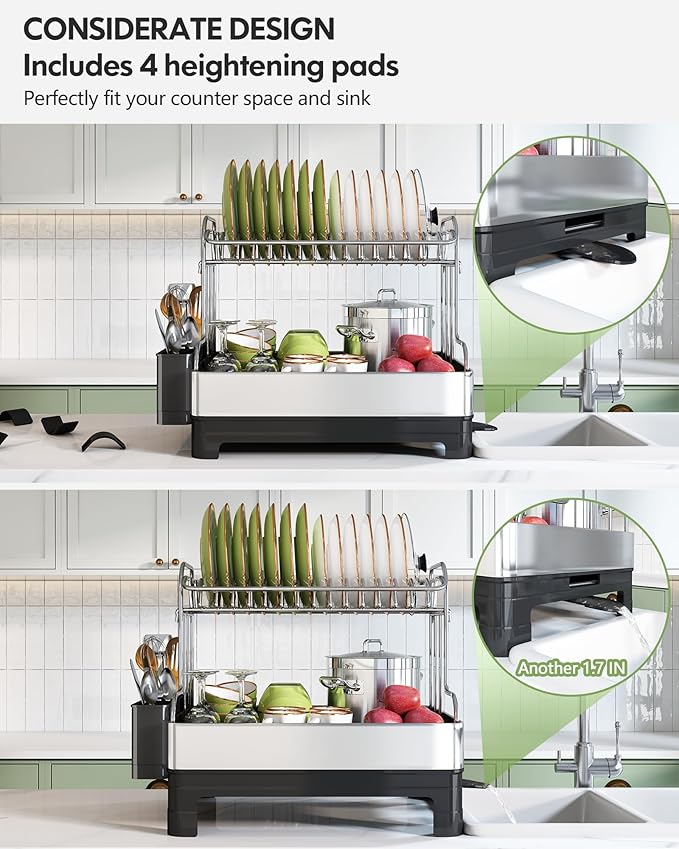BOOSINY Extra Large Stainless Steel Dish Drying Rack, 2 Tier Dish Racks for Kitchen Counter, Dish Drainer with Drainboard Set, Full Size Dish Dryer Rack with Utensil Holder, Black-Ruum Studio Home