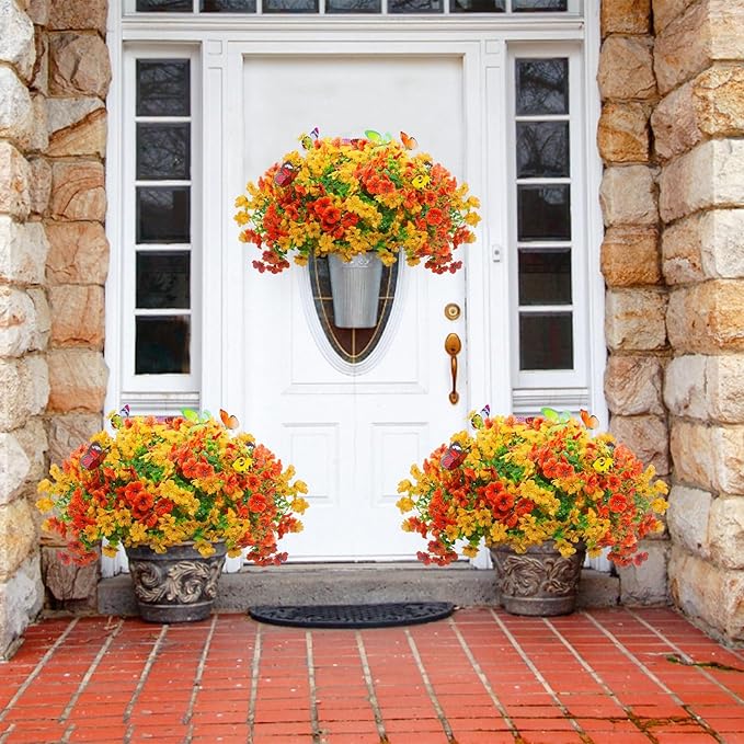 ‌20 Bundles Artificial Flowers for Outdoors‌ with 6 Faux Butterflies, UV Resistant ‌Fake Flowers‌ with Eucalyptus Leaves, ‌Artificial Plants Outdoor‌ for Patio Garden Porch Home Decor (Orange Yellow)-Ruum Studio Home