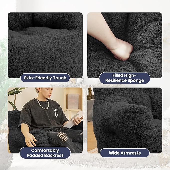 Bean Bag Chair with Filler, Bean Bag Sofa with Tufted Soft Stuffed Filling, Fluffy and Lazy Sofa, Comfy Cozy BeanBag Chairs with Memory Foam for Dorm, Apartment, Living Room (Black)-Ruum Studio Home