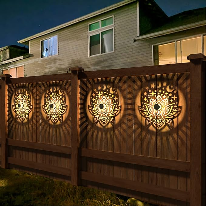 4 Pack Solar Fence Lights Metal Solar Powered Outdoor Wall Deck Lights Lotus Theme Waterproof Fence Light for Garden Post Patio Backyard Yard Decor (Lotus, 4 Pack)-Ruum Studio Home