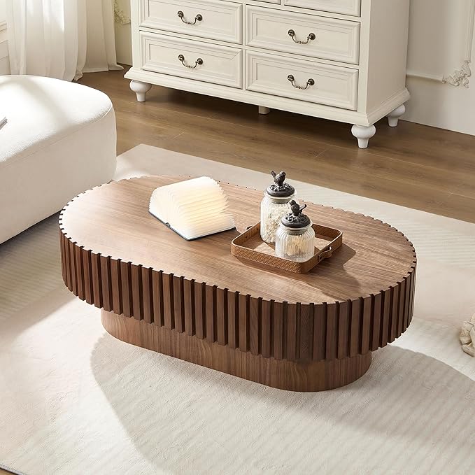 43.7" Oval Coffee Table for Living Room,Modern Handcraft Drum Coffee TableSmall Wooden Coffee Table with Sturdy Pedestal Easy Assembly for Office-Walnut-Ruum Studio Home