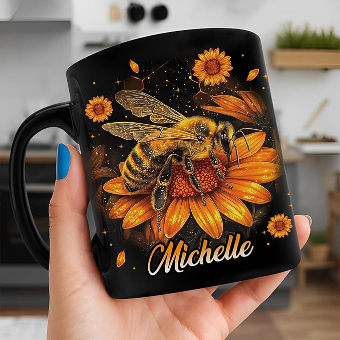 Hyturtle Personalized Sunflower Bee Mug - Bee Keeper Gifts For Women Lovers Teacher - Honey Gifts For Beekeeper Farmer On Birthday - Queen Honeycomb Decor - Custom Coffee Cup Ceramic Mug 11 Oz 15 Oz-Ruum Studio Home
