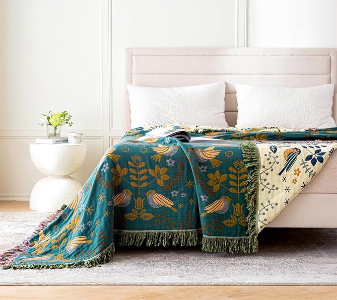 Cotton Throw Blanket 100% Muslin for Couch Bed 80''x 90'' Farmhouse Blanket 4-Layer Summer Blankets Boho Quilt Decor for All Seasons Cozy Soft Lightweight Knitted Warm Blanket Gifts for Women-Ruum Studio Home