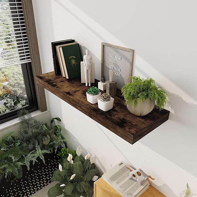Floating Shelves 36 Inch Long, 12 Inch Deep Floating Shelves for Wall, 36 x 12 Shelves for Wall Storage & Display, 2" Thick Floating Shelf for Bathroom, Living Room, Rustic Brown Color, Set of 1-Ruum Studio Home