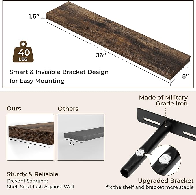 RICHFOCUS 36Inch Floating Shelves for Wall 2 Pack Shelves for Bedroom|Kitchen|Bathroom Wall Mounted Rustic Wood Floating Shelf with Invisible Brackets for Books|Storage|Decor, Rustic Brown-Ruum Studio Home