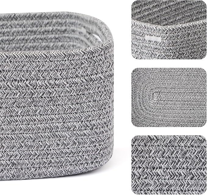 Small Storage Baskets for Organizing | Closet Organizer Bins | Shelf Toy Basket | Woven Rope Baskets | Cube Decorative Box | Shallow Basket | 13x8.5x5.1” | 3 Packs Mixed Grey-Ruum Studio Home