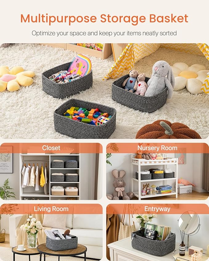 KALLAX Small Woven Basket, 13.5 x 9.5 x 5 Inches, Storage Basket for Organizing, Cute Small Rope Shelf Closet Cube Storage Bins Baskets for Shelves, Dog Toy Gift Baskets Empty, 3 Pack Mixed Black-Ruum Studio Home