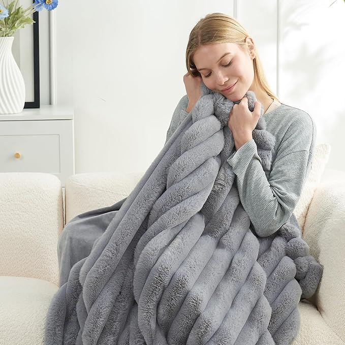 Cozy Bliss Faux Fur Throw Blanket for Couch, Cozy Warm Plush Striped Blanket for Sofa Bedroom Living Room,60 * 80 Inches Grey-Ruum Studio Home
