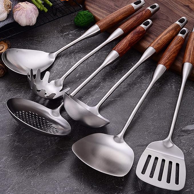Cooking Utensils Set,7pcs 304 Stainless Steel Kitchen Utensils Set with Holder,Heat Resistant Wooden Handle Kitchen Tools-Ruum Studio Home