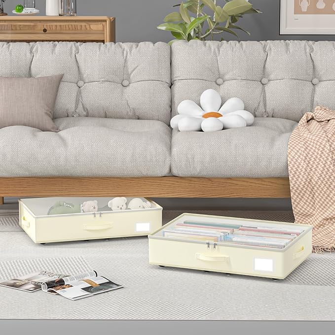 Under Bed Storage with Wheels, No Assemble Required 5.5 inches height beige under bed storage bins,Low Profile Rolling Under bed Shoe Storage containers，dorm under bed storage drawers-Ruum Studio Home