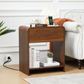 Fluted Nightstand with Charging Station, Mid Century Modern Bed Side Table End Table with Drawer Storage, Large Wooden Night Stands Bedside for Bedroom Living Room Sofa Office, Walnut-Ruum Studio Home