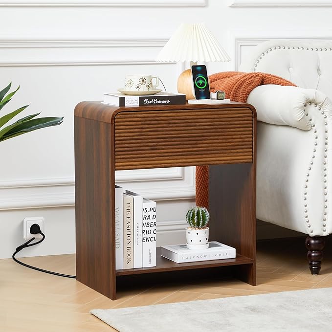 Fluted Nightstand with Charging Station, Mid Century Modern Bed Side Table End Table with Drawer Storage, Large Wooden Night Stands Bedside for Bedroom Living Room Sofa Office, Walnut-Ruum Studio Home