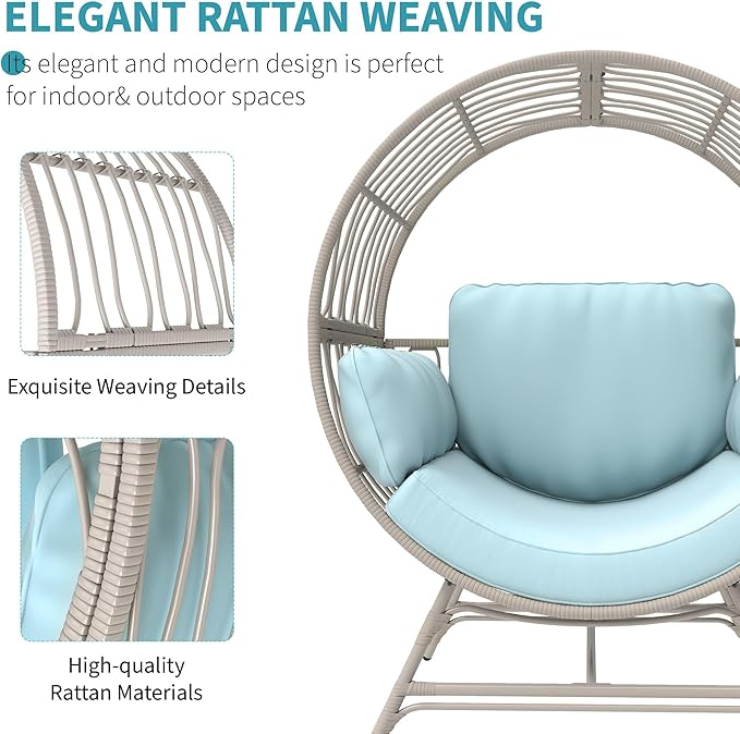Egg Chair Outdoor Indoor, Oversized Rattan Chair with Thicken Cushion, 350LBS Capacity Wicker Patio Lounge Chair, Basket Chair for Living Room Balcony Porch Backyard, Blue-Ruum Studio Home