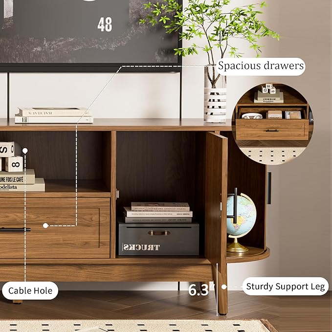 63" Fluted TV Stand for Tvs up to 70", Mid-Century Modern Entertainment Center with Drawers and Fluted Doors, Curved TV Media Console Table with Sliding Doors for Living Room, Bedroom (63")-Ruum Studio Home