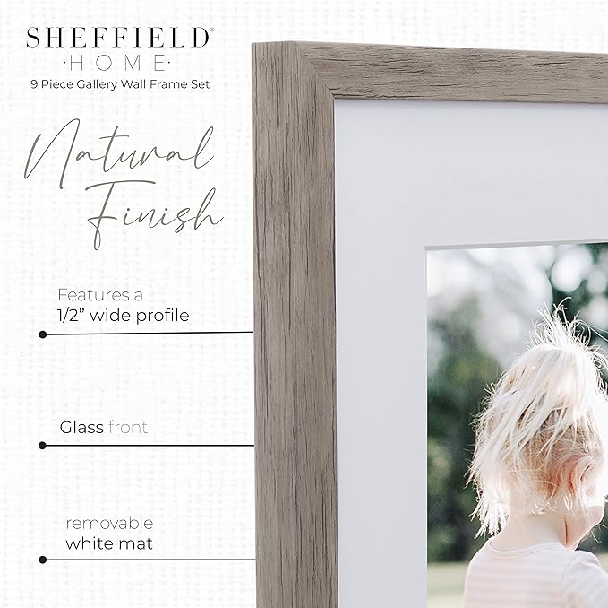 Sheffield Home 9 Piece Gallery Wall Frame Set, 11x14 Inch, Natural-Ruum Studio Home