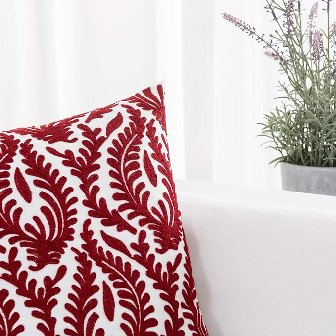 HWY 50 Burgundy Red Decorative Throw Pillow Covers 18x18 Inch (1 Piece), Embroidered Cotton Farmhouse Cushion Cover Pillow Case for Sofa Couch Living Room Bed Bedroon, Floral Branches-Ruum Studio Home