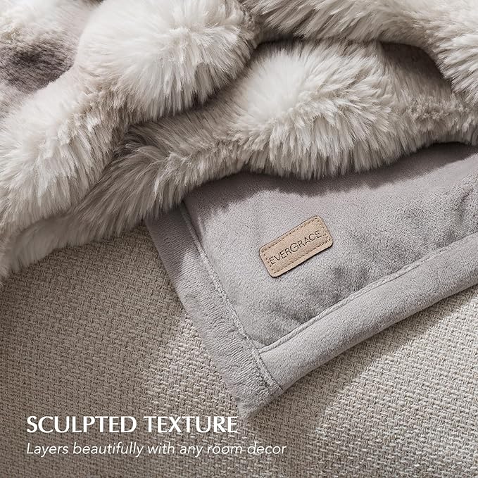 EVERGRACE Ultra Soft Luxury Fluffy Ridgeline Faux Rabbit Fur Throw Blanket, Thick Warm Bubble Throw for Bed, Cozy Plush Reversible Blankets for Couch, Chair, Sofa, Light Grey, 80x90 Inches, 870 GSM-Ruum Studio Home