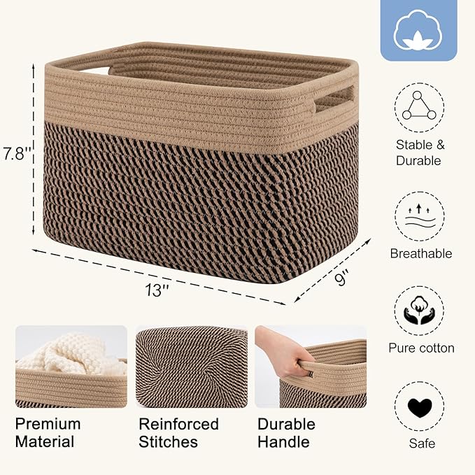 4 Pack Storage Baskets for Organizing, Woven Baskets for Shelves - Perfect for Toys, Books, Towels, and Clothes, Durable Gift Basket Bins Toy Storage, 13''L x9''W x7.8''H, Black and Brown-Ruum Studio Home