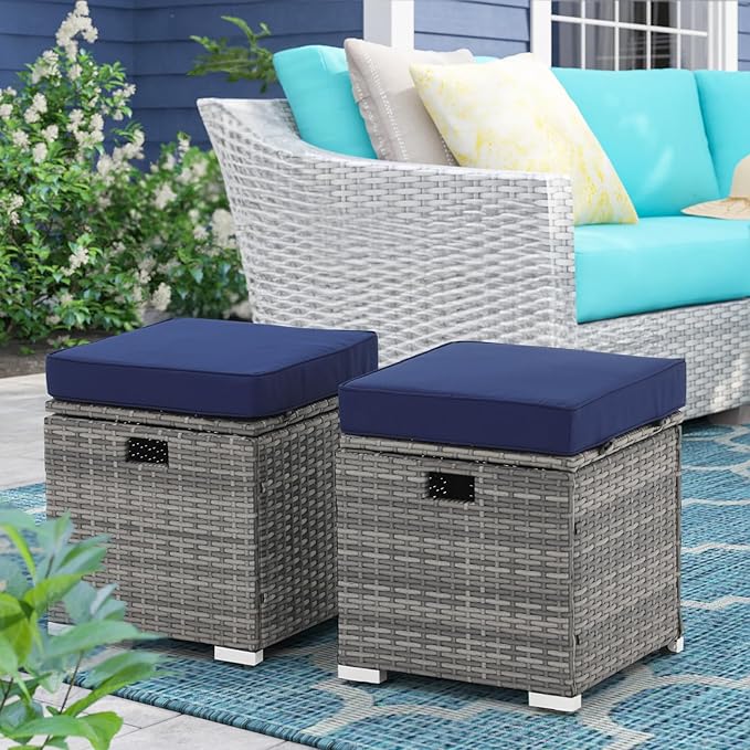 Patiorama 2 Piece Outdoor Patio Ottomans,All-Weather Grey PE Rattan Wicker Ottoman with Storage,Outdoor Footrest Footstool Seat w/Thick Cushion,Built-in Handle for Backyard Poolside Porch (Navy Blue)-Ruum Studio Home