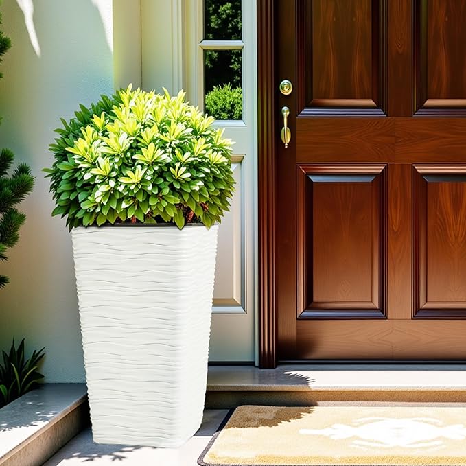Worth Garden 2-Pack 22" H. White Square Tapered Planter with Inside Pots - Plastic Plant Pots for Indoor Outdoor - Modern Wavy Finish Decorative Flower Pots for Front Porch Containers Patio Deck-Ruum Studio Home