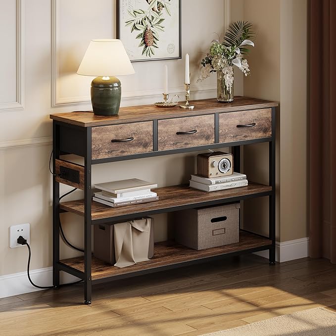 Lulive 2 Pack Entryway Tables with Power Outlets, Console Table with 3 Fabric Drawers, Sofa Table for Living Room, Hallway, Couch, Foyer, Height Adjustable-Ruum Studio Home
