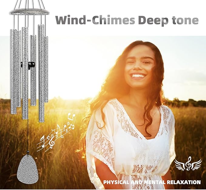 Wind-Chimes-Outdoor-Deep-Tone, Large Soothing Melodic Tones Windchimes, Wind Chimes for Outside, Memorial Wind Chimes Best Gift for Mom Women Grandma Neighbors(32" Silver Coated Aluminum)-Ruum Studio Home