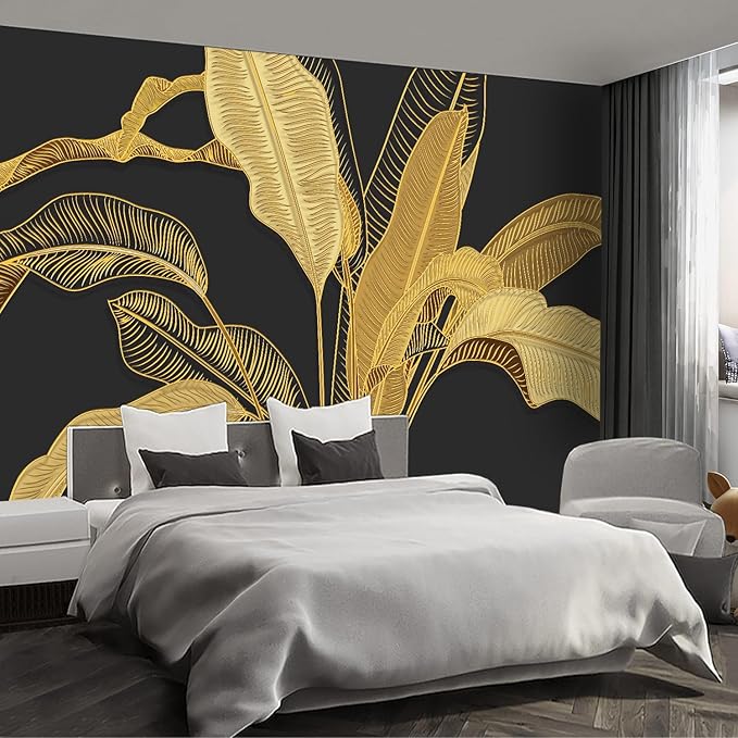 Gold Banana Leaf Wall murals Peel and Stick Wallpaper for Bedroom Living Room - 96"x137"-Ruum Studio Home