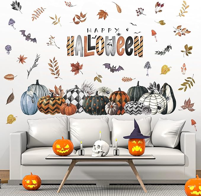 clothmile 40.15 x 38.58 Inch Happy Halloween Pumpkins Wall Decals Halloween Leaves Bat Spider Wall Stickers Halloween Removable Wall Sticker for Halloween Party Supplies Home Wall Decor-Ruum Studio Home