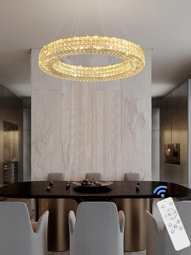 Dia 32" Ring Crystal Chandelier Modern Gold Chandelier Adjustable Height Luxury Crystal Pendant Ceiling Light Fixture for Dining Living Room Bedroom-Ruum Studio Home