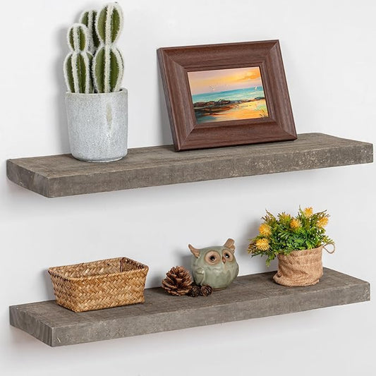 Floating Shelves, 8 Inch Deep Rustic Solid Reclaimed Wood Wall Shelves for Storage, Wall Mounted Display Shelving with Invisible Heavy-Duty Metal Bracket, 24 Inch Width Set of 2, Cement Grey-Ruum Studio Home